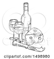 Poster, Art Print Of Sketched Cheese Wedge With A Wine Bottle And Glasses