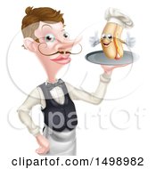 Poster, Art Print Of White Male Waiter With A Curling Mustache Holding A Hot Dog On A Platter
