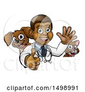 Poster, Art Print Of Cartoon Happy Black Male Veterinarian Giving A Thumb Up With A Dog And Cat Over A Sign