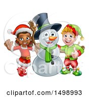 Poster, Art Print Of Snowman Waving With Two Christmas Elves