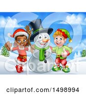 Poster, Art Print Of Snowman Waving With Two Christmas Elves In A Winter Landscape