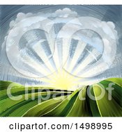 Poster, Art Print Of Woodcut Cloud And Sunrise Sky Over Farmland