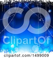 Clipart Of A Blue Christmas Background With Hanging Stars And Snow Royalty Free Vector Illustration