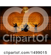 Clipart Of A Silhouetted Band And Audience Under A Golden Disco Ball Royalty Free Vector Illustration
