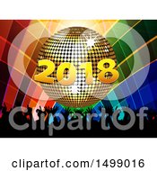 Poster, Art Print Of Golden 2018 New Year Disco Ball And Silhouetted Audience Over Colorful Squares