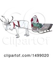Poster, Art Print Of White Christmas Reindeer And Santa At A Sleigh