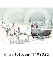 Poster, Art Print Of Christmas Reindeer And Santa With A Sleigh In The Snow