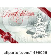 Clipart Of A Merry Christmas Greeting With Ribbons And A Bow Over A Winter Landscape Royalty Free Vector Illustration