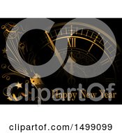 Clipart Of A Golden Clock Face With Popping Champagne And Happy New Year Text Royalty Free Vector Illustration