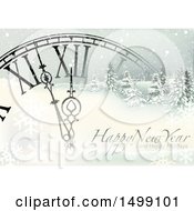 Clipart Of A Happy New Year Greeting With A Clock And A Winter Landscape Royalty Free Vector Illustration by dero