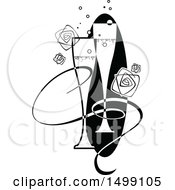 Poster, Art Print Of Black And White Pair Of Champagne Flutes With A Ribbon Bubbles And Roses