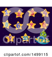 Poster, Art Print Of Cute Alien Flying A Ufo And Star Numbers