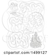 Clipart Of A Black And White Christmas Santa Skiing Maze Royalty Free Vector Illustration