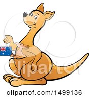 Poster, Art Print Of Kangaroo With A Baby Joey Holding An Australian Flag