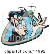 Handsome Black Haired Man Grinning And Holding Up A Martini Glass With An Olive Clipart Illustration by Andy Nortnik