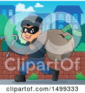Clipart Of A Bank Robber Running With A Torn Sack Dropping Money Royalty Free Vector Illustration