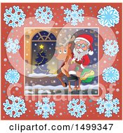 Poster, Art Print Of Santa Claus Riding A Reindeer In A Snowflake Frame