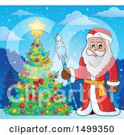 Clipart Of Father Frost Or Santa Claus By A Christmas Tree Royalty Free Vector Illustration