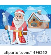 Clipart Of Father Frost Or Santa Claus Near A Cabin Royalty Free Vector Illustration by visekart