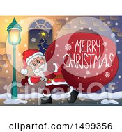 Poster, Art Print Of Santa Claus Carrying A Giant Sack With A Merry Christmas Greeting On A Sidewalk
