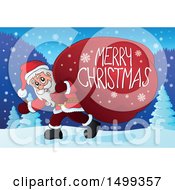 Clipart Of Santa Claus Carrying A Giant Sack With A Merry Christmas Greeting In The Snow Royalty Free Vector Illustration