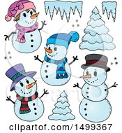 Clipart Of Snowmen With Trees And Ice Royalty Free Vector Illustration