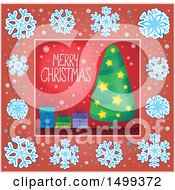 Poster, Art Print Of Merry Christmas Greeting With A Tree And Gifts In A Snowflake Border