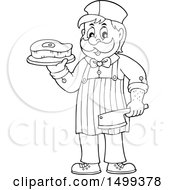 Clipart Of A Black And White Butcher Holding A Steak And Cleaver Knife Royalty Free Vector Illustration by visekart