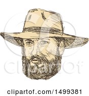 Poster, Art Print Of Sketched Bearded Cowboy Face