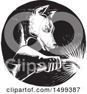 Poster, Art Print Of Black And White Welding Wolf In A Circle In Woodcut Style