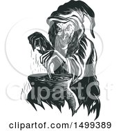Clipart Of A Sketched Witch Stirring Her Brew In A Cauldron Royalty Free Vector Illustration