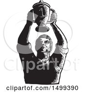 Poster, Art Print Of Sketched Worker Holding Up Championship Trophy Cup
