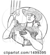 Clipart Of A Zentangle Black And White Farmer Holding A Chicken And Pitchfork Royalty Free Vector Illustration