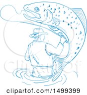 Clipart Of A Sketched Wading Fly Fisherman With A Jumping Trout Fish Royalty Free Vector Illustration