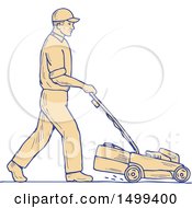 Clipart Of A Male Landscaper Pushing A Lawnmower Royalty Free Vector Illustration by patrimonio