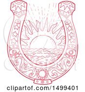 Clipart Of A Sketched Horseshoe With An Ocean Sunset Royalty Free Vector Illustration