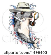 Poster, Art Print Of Killer Whale Orca Detective Holding A Magnifying Glass On A White Background