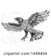 Poster, Art Print Of Flying Raven Or Crow Bird On A White Background