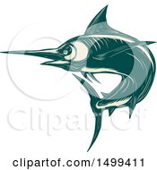 Poster, Art Print Of Swimming Marlin Fish In Scratchboard Style