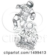 Poster, Art Print Of Sketched Astronaut Tethered To A Ship On A White Background