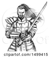 Sketched Tough Samurai Warrior Holding A Katana Sword On A White Background