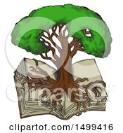 Poster, Art Print Of Sketch Styled Oak Tree With Roots Growing Over An Open Book On A White Background