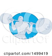 Poster, Art Print Of Sketched Bodybuilder Powerlifting A Barbell In A Blue Oval