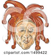 Clipart Of A Sketched Medieval Court Jester Joker Head Royalty Free Vector Illustration by patrimonio