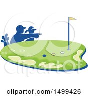 Clipart Of A Silhouetted Caddie And Golfer Over A Golf Course Royalty Free Vector Illustration