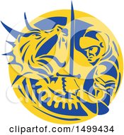 Clipart Of A Knight Or Saint George Fighting A Dragon In A Yellow And Blue Circle Royalty Free Vector Illustration