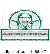 Clipart Of A Fuel And Food Design With Crossed Gas Nozzles And Pump Royalty Free Vector Illustration