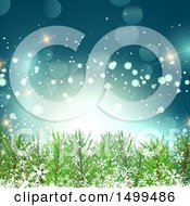 Clipart Of A Christmas Background Of Branches Snowflakes And Flares On Blue Royalty Free Vector Illustration