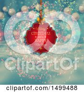 Poster, Art Print Of Merry Christmas And A Happy New Year Greeting Tag Suspended Over A Blurred Sparkly And Bauble Background