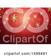 Clipart Of A Christmas Background Of Sparkles Flares And Gold Snowflakes On Red Royalty Free Vector Illustration